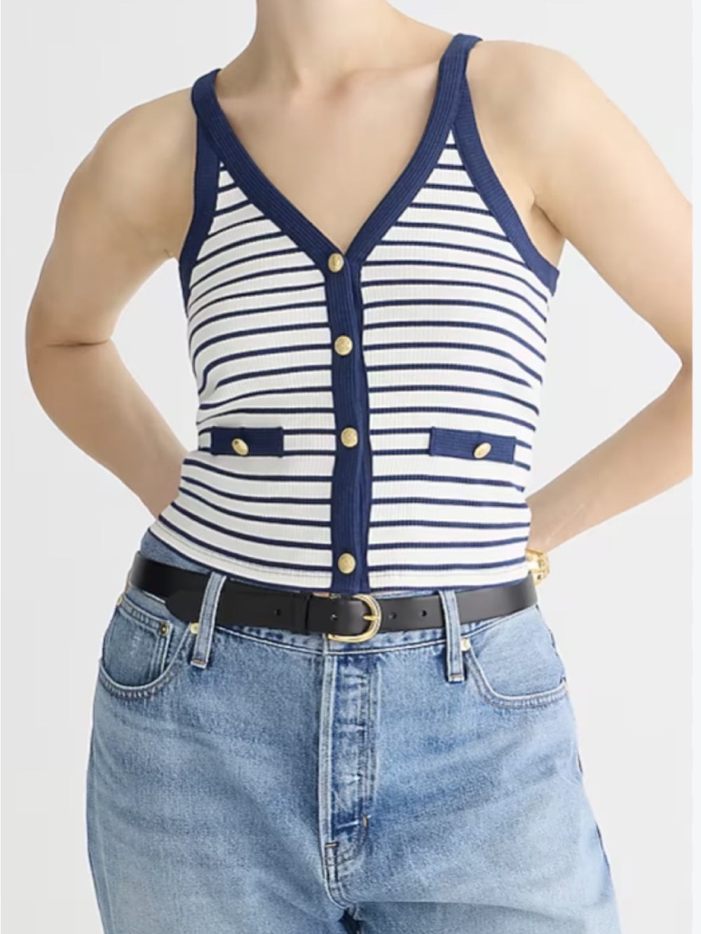 J. Crew Navy and White Striped Ribbed V-Neck Tank